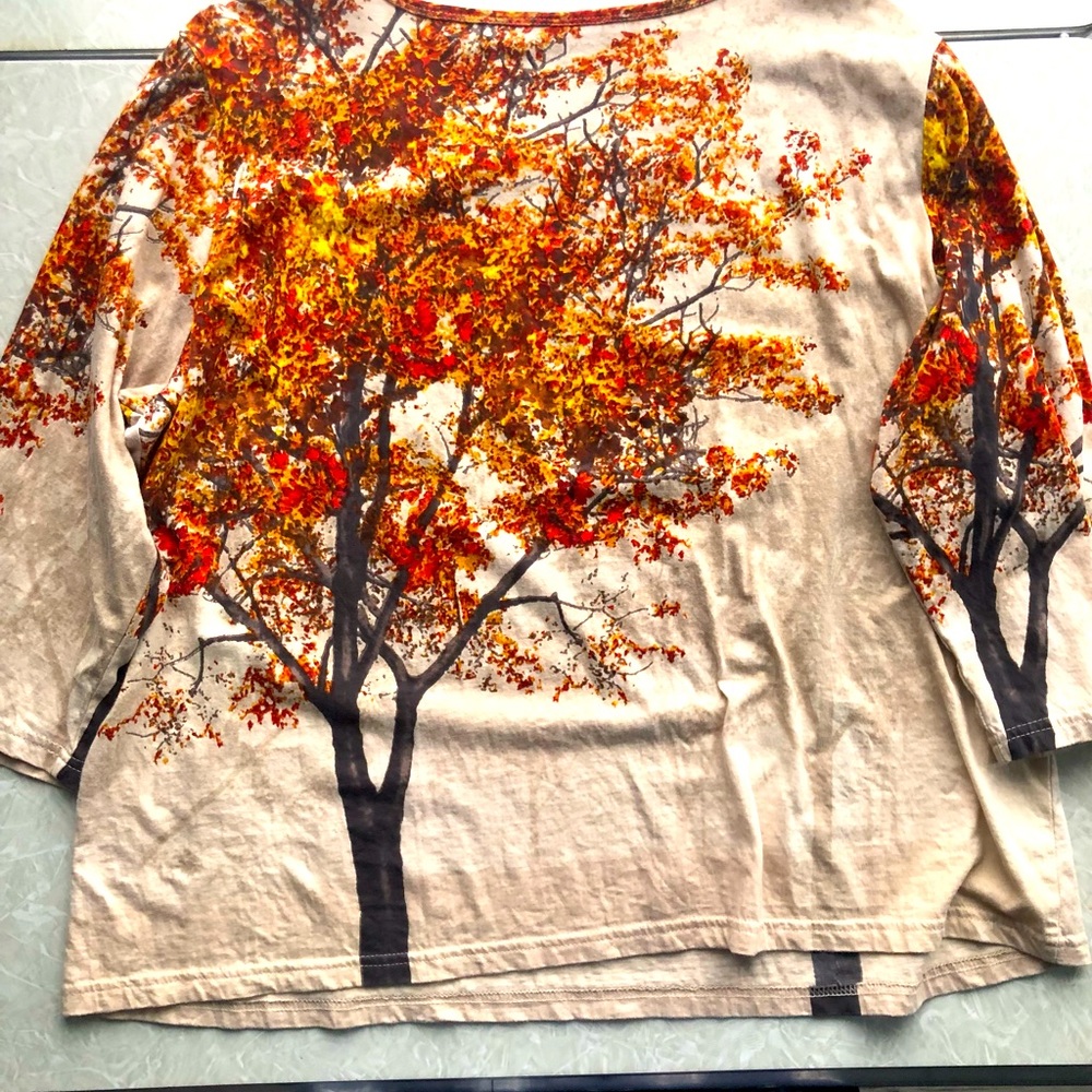 Fall Trees Top. 3/4 sleeve, scoop neck. Halloween-Thanksgiving